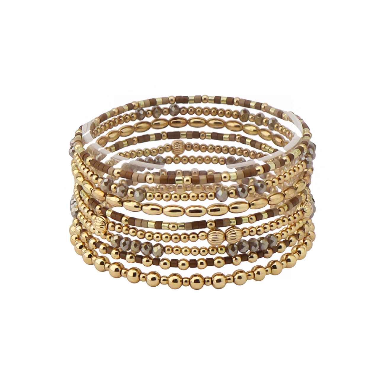 Set of 8 Brown Seed Bead & Crystal and Gold Stretch Bracelet
