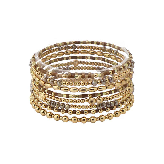 Set of 8 Brown Seed Bead & Crystal and Gold Stretch Bracelet