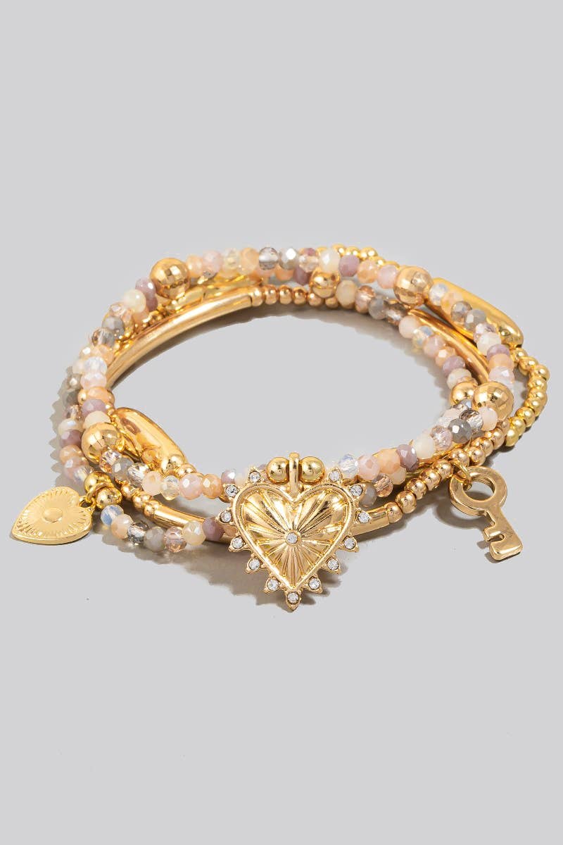 Heart And Key Charms Mixed Beaded Bracelet Set: Gold & White