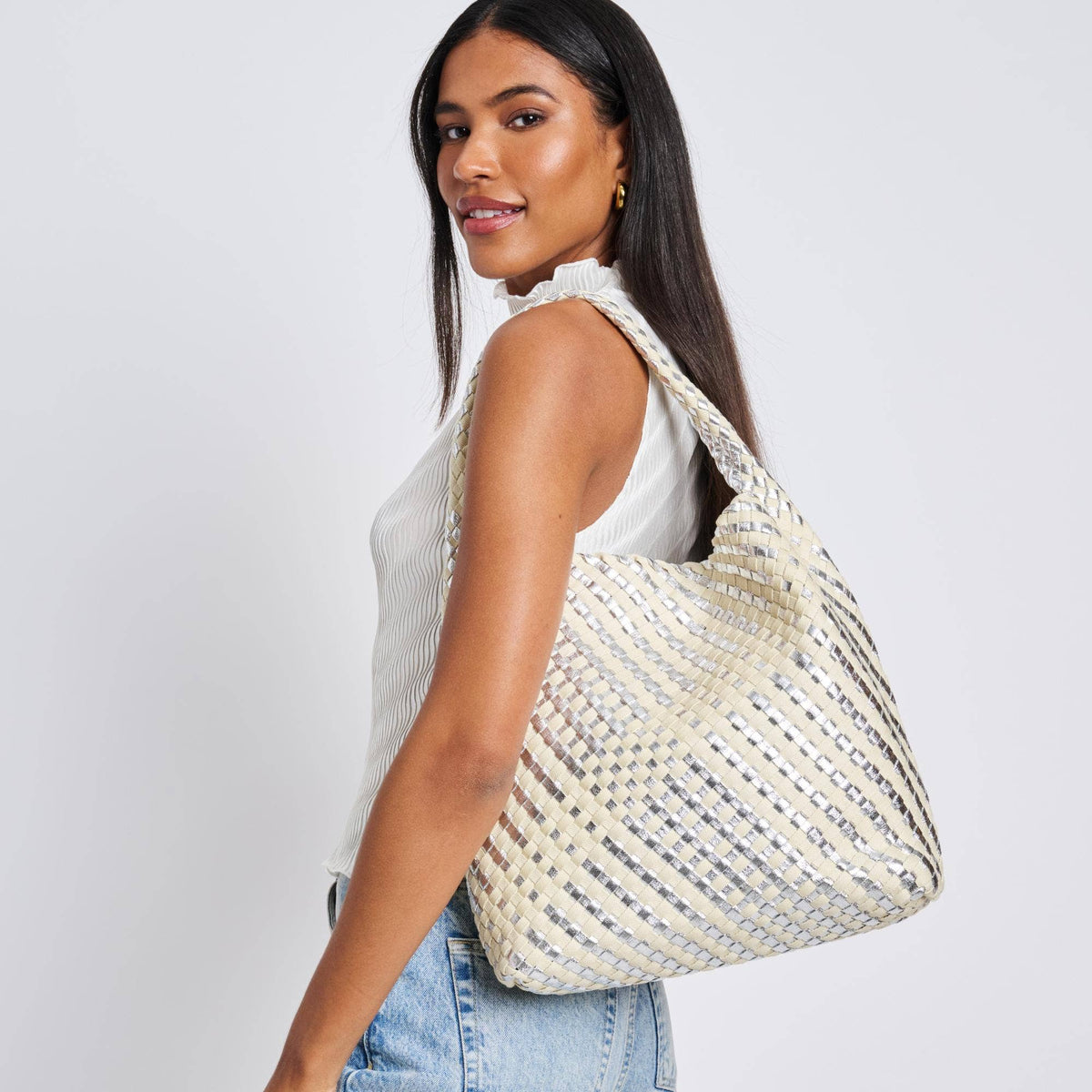 Ellery Mixed Material Woven Hobo: Silver Ivory