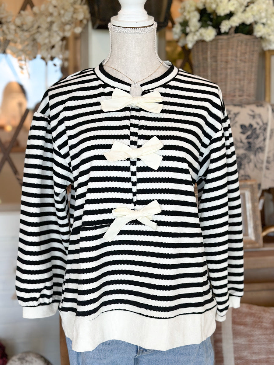 Striped Bow Tie 3/4 Sleeves Top Ivory/Black