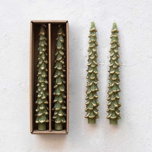 10" Unscented Tree Shaped Taper Candles w/ Gold Tips, Evergreen Color, Set of 2