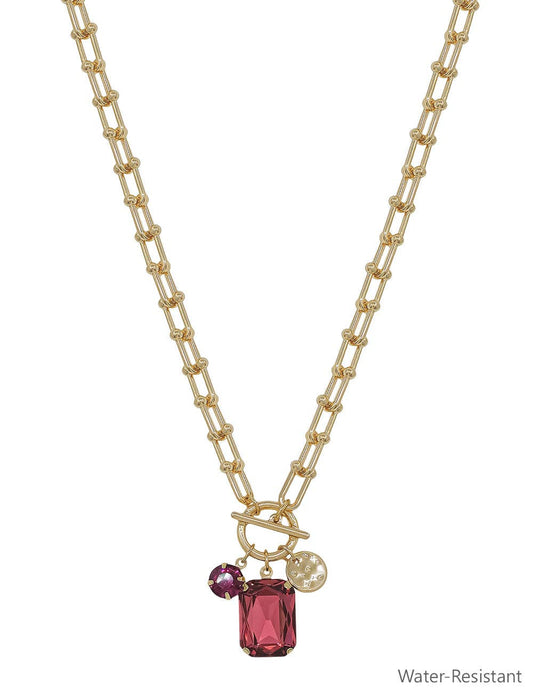 Water Resistant Gold Chain with Pink Crystal Charms 16"-18" Necklace