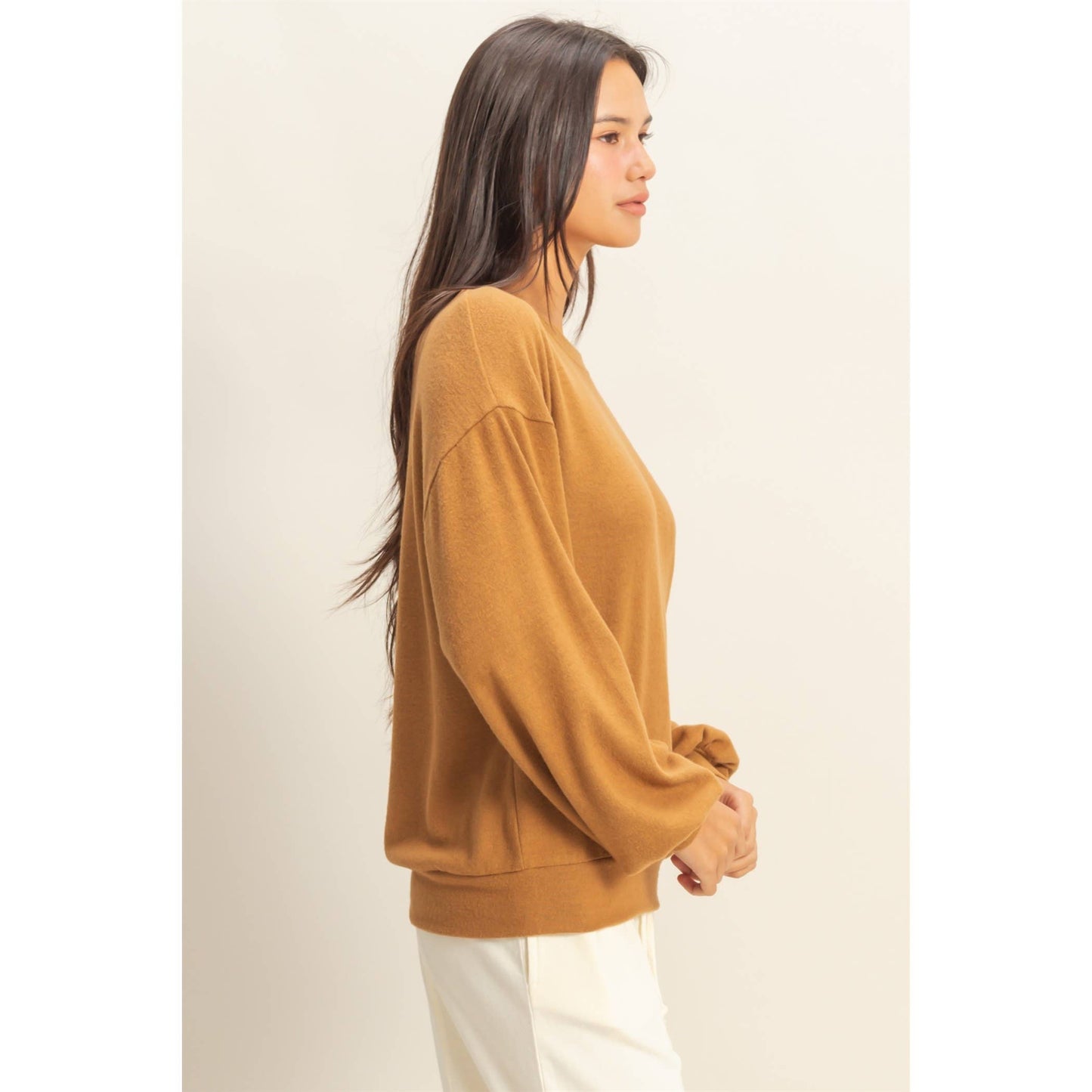 Round Neck Balloon Sleeve Sweatshirt | Pale Brown