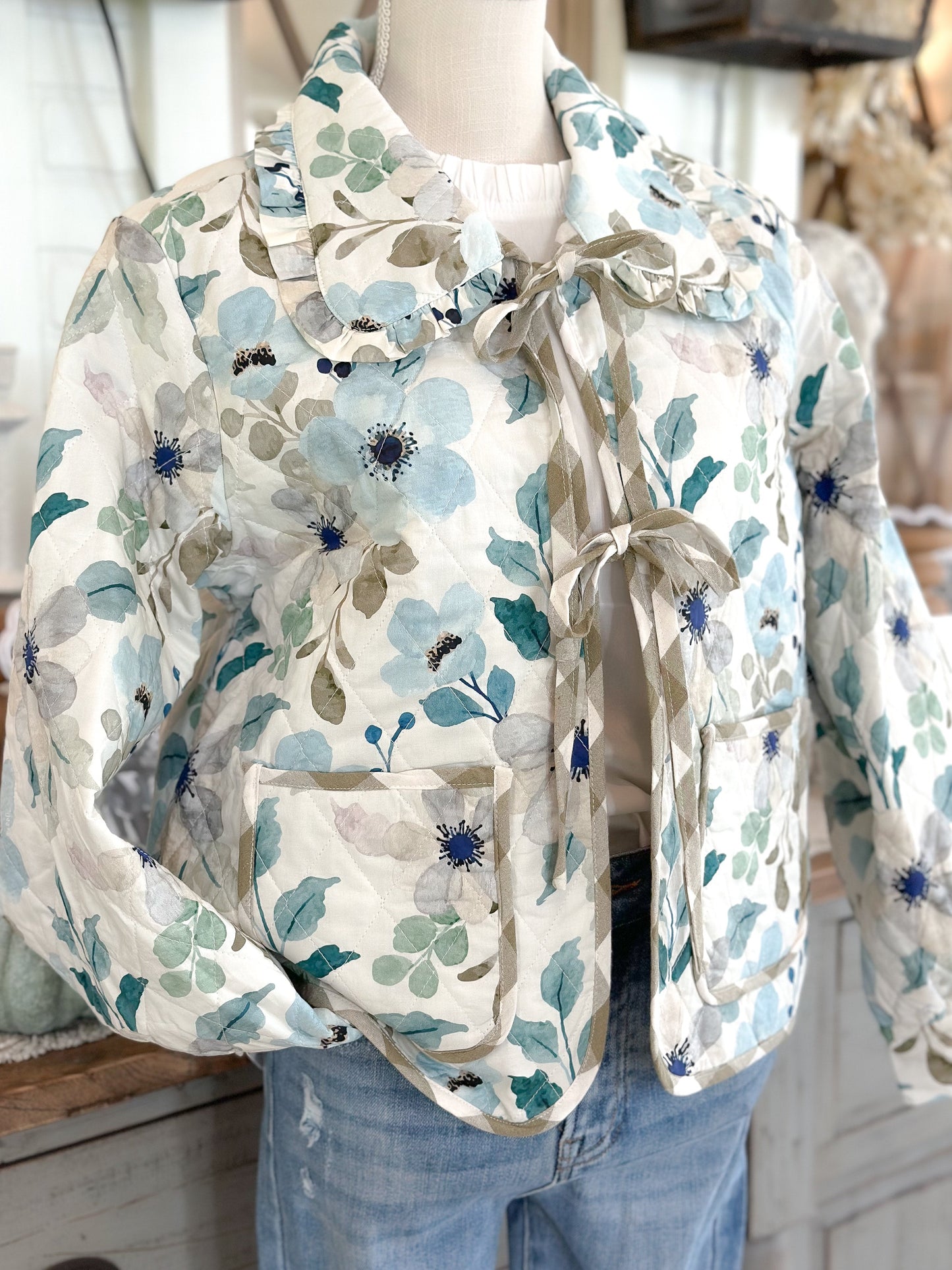 Blue Floral Print Quilted Jacket
