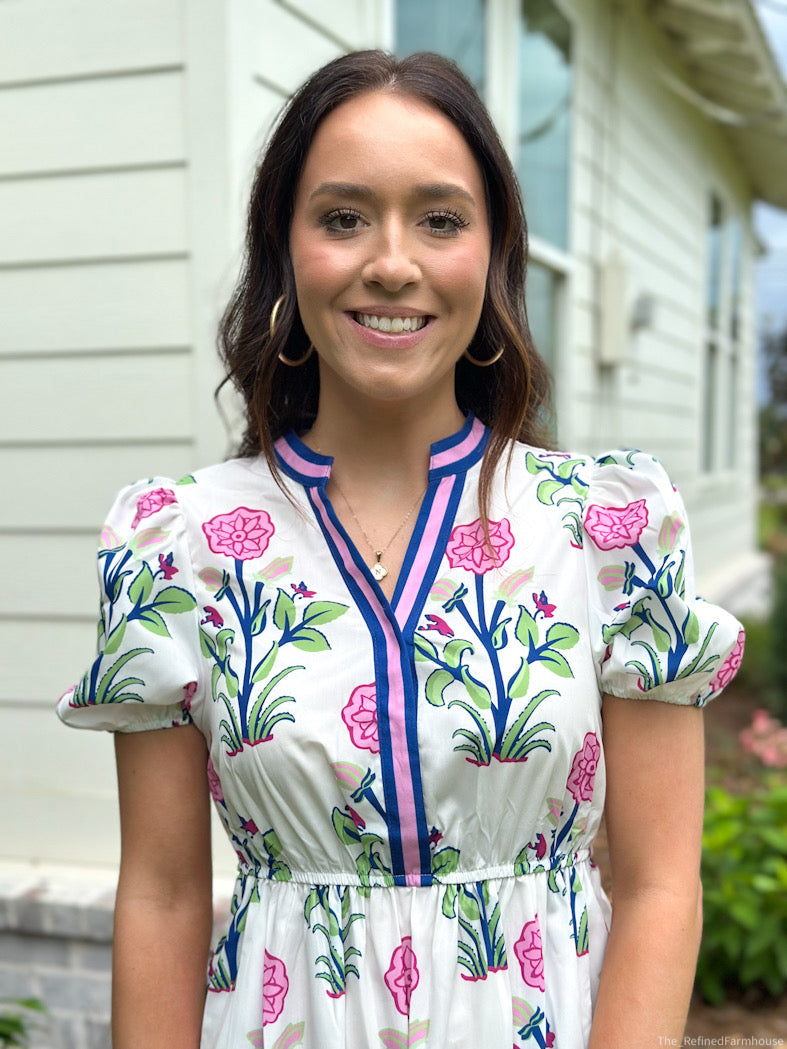 Floral Ruffle Hem Neckline Dress