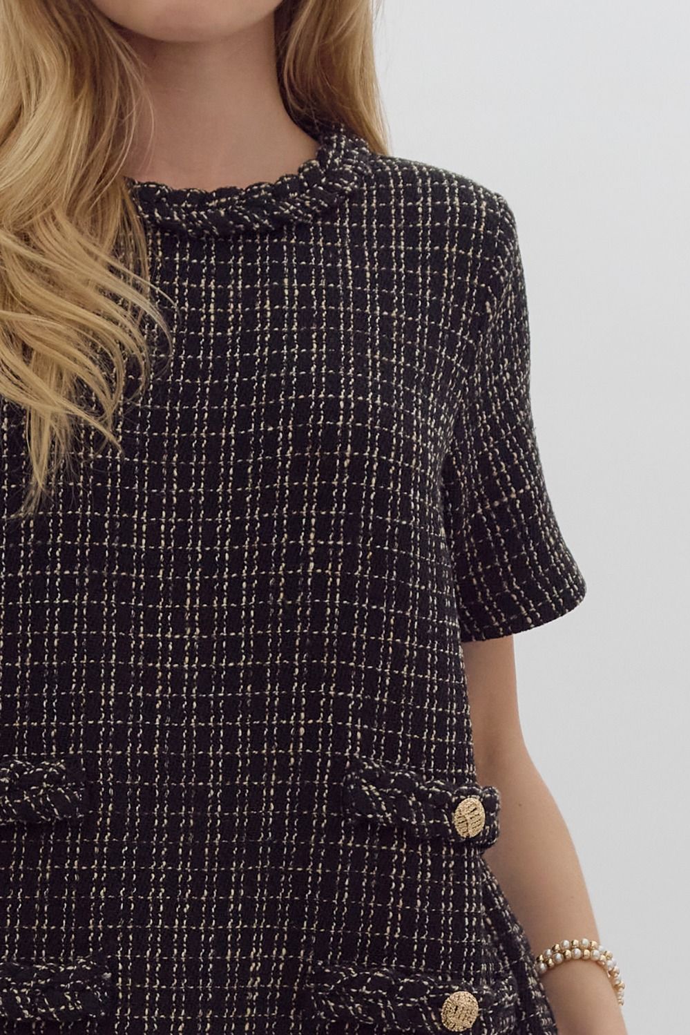Black Tweed Textured Short Sleeve Dress