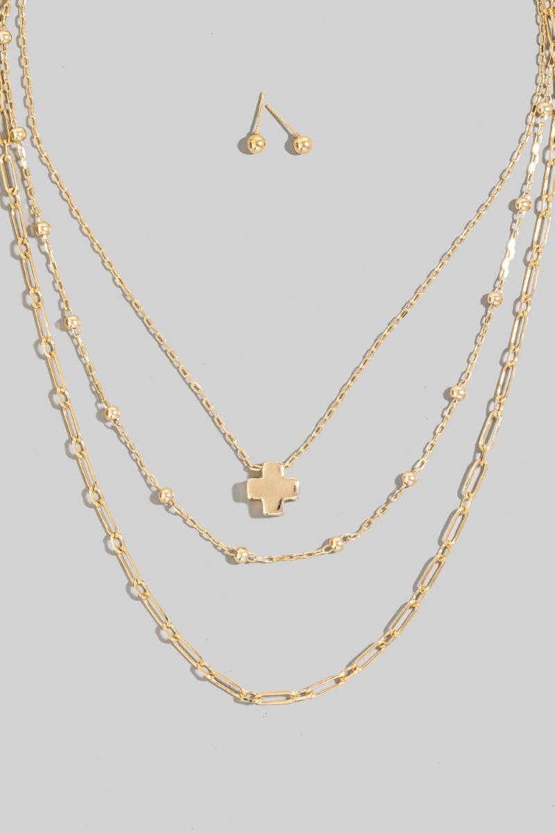Cross Pendant Layered Chains Necklace Set: GD