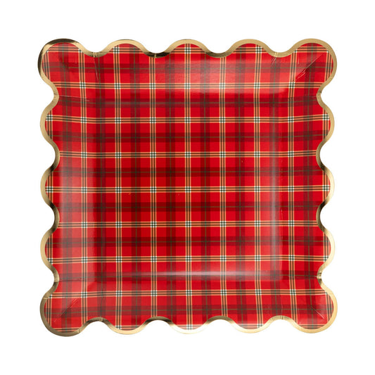 TIS1241 - Red Plaid Square Gold Edge Scalloped Plate