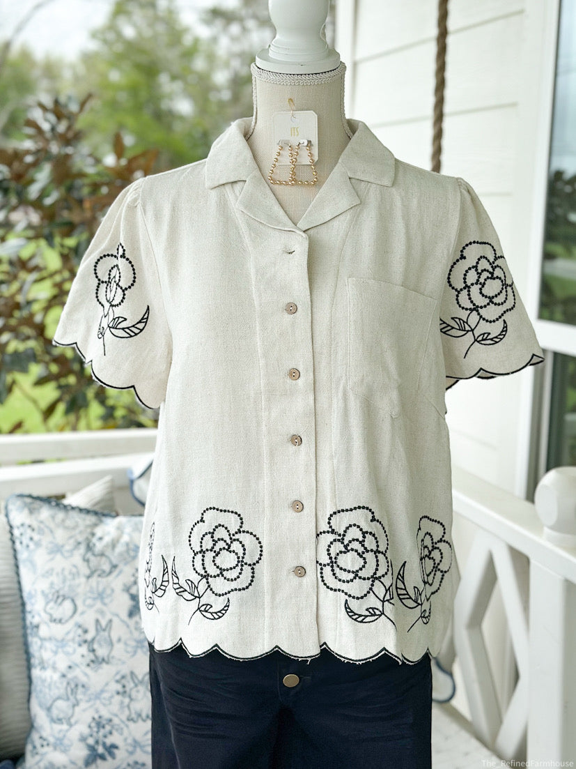 Oatmeal Embroidered Floral Button Down Top