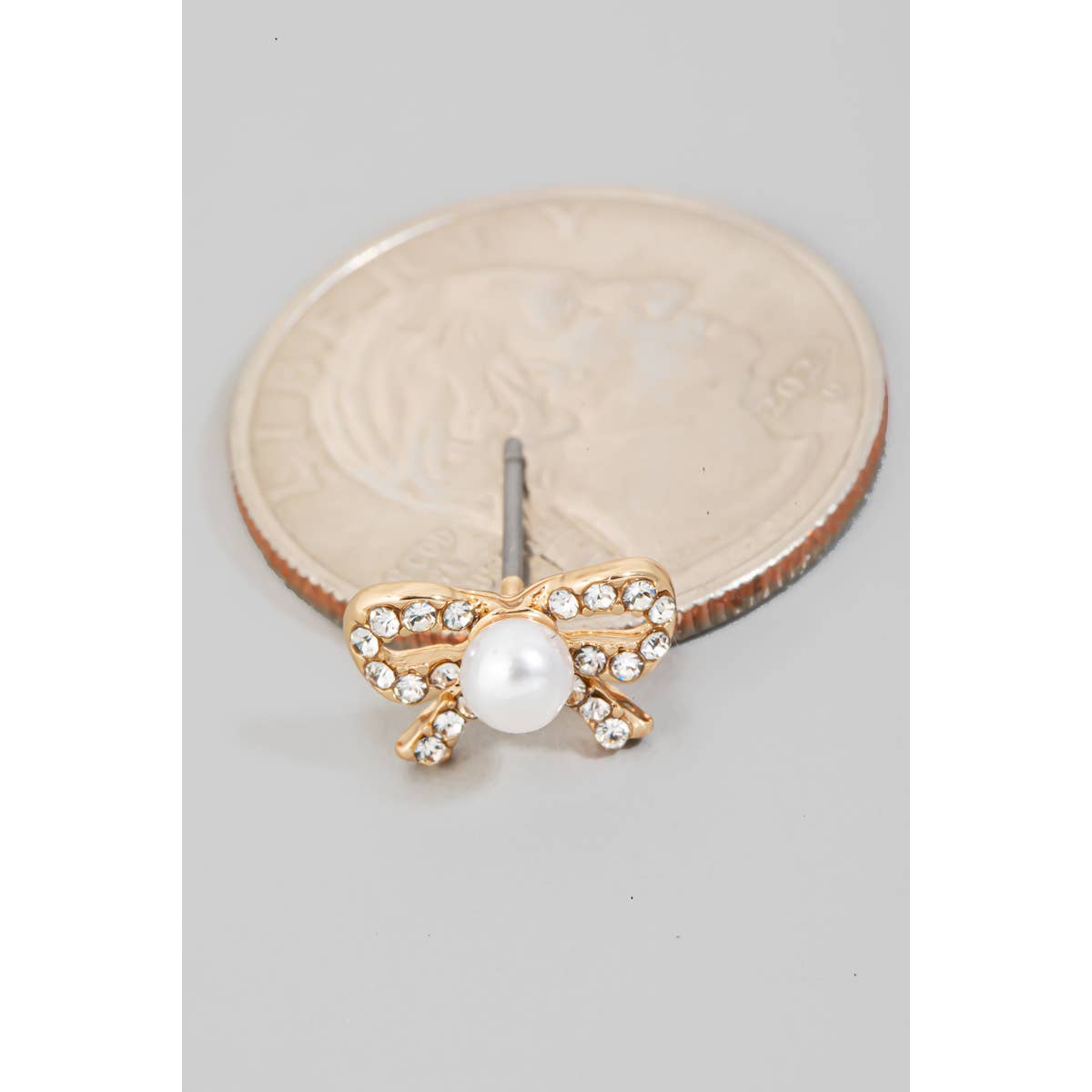 Pearl And Rhinestone Studded Ribbon Bow Stud Earrings: GD