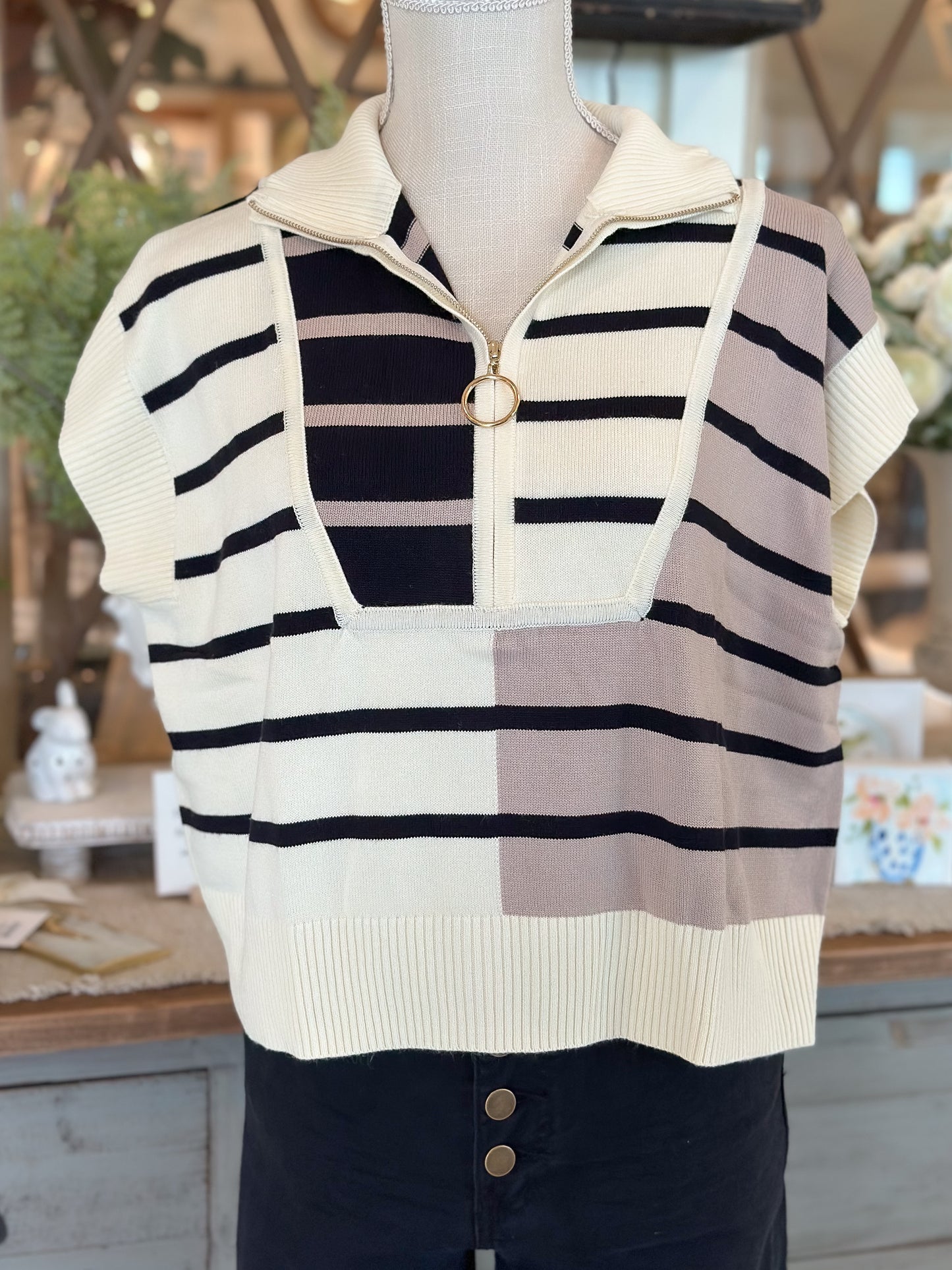 Cream/black multi color block Top