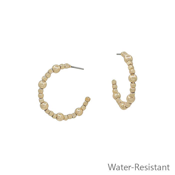 Gold Square Beaded with Gold Bead 1" Hoop Earring