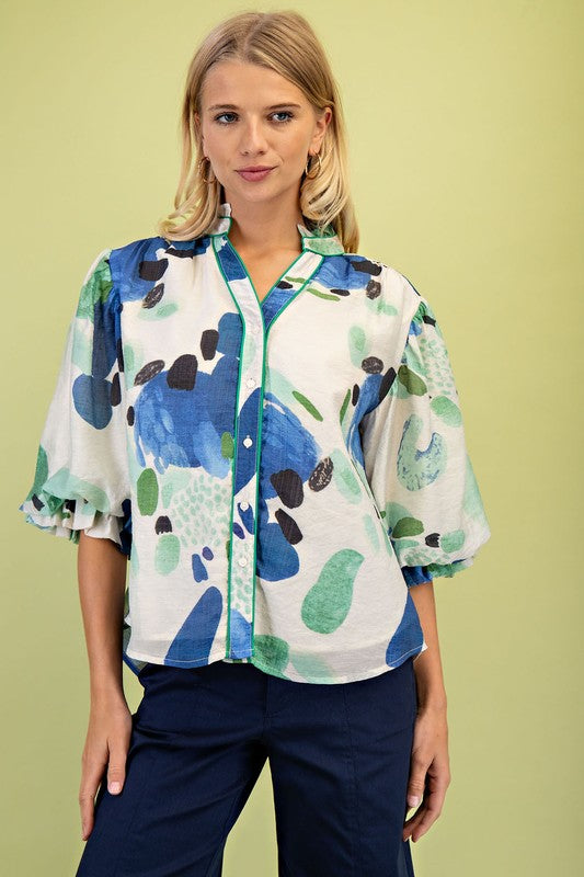 Floral Blue/Green Blouse with Gathered Balloon Sleeves