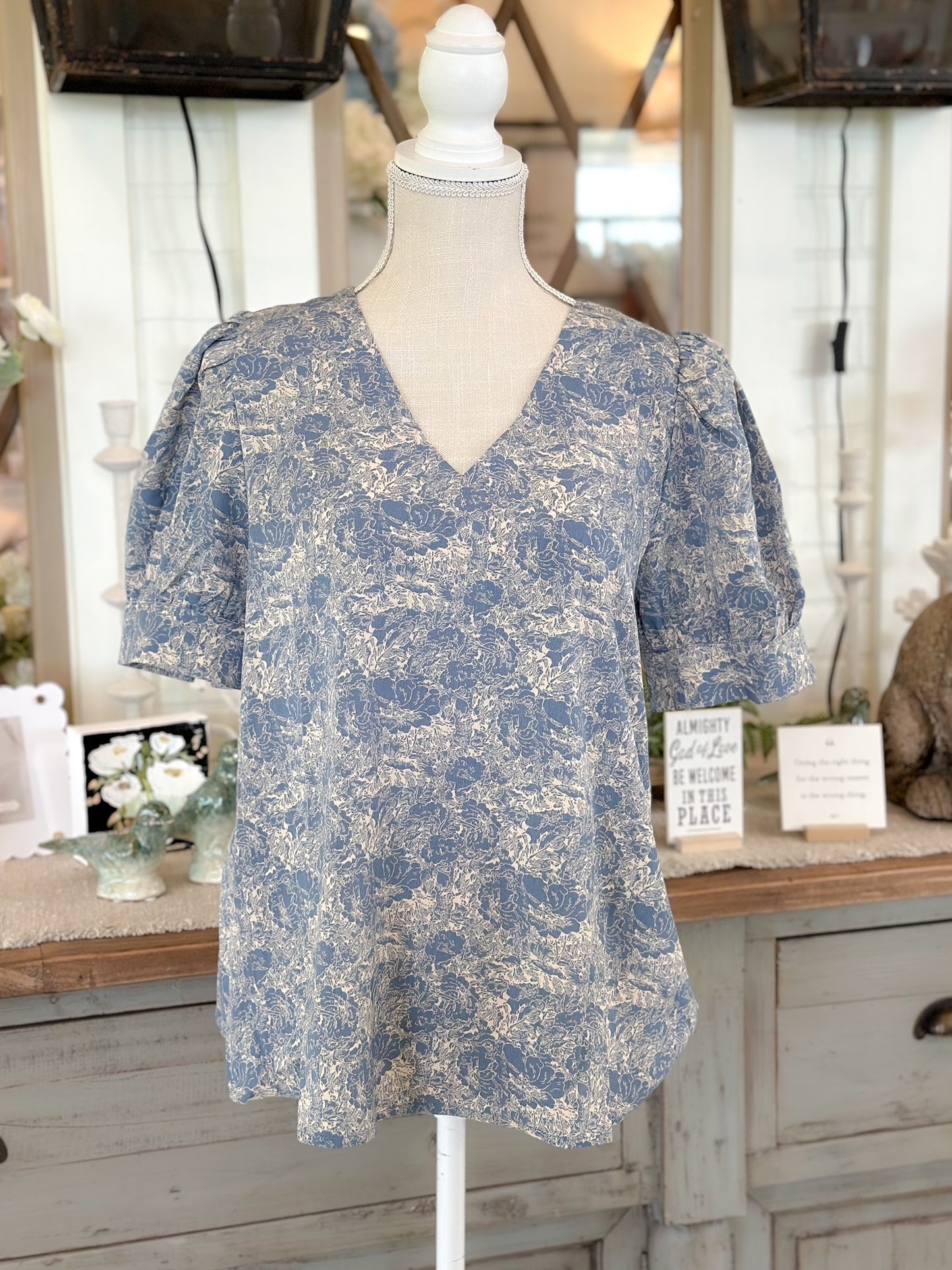 Jacquard Print V-neck Top-Dusty Blue