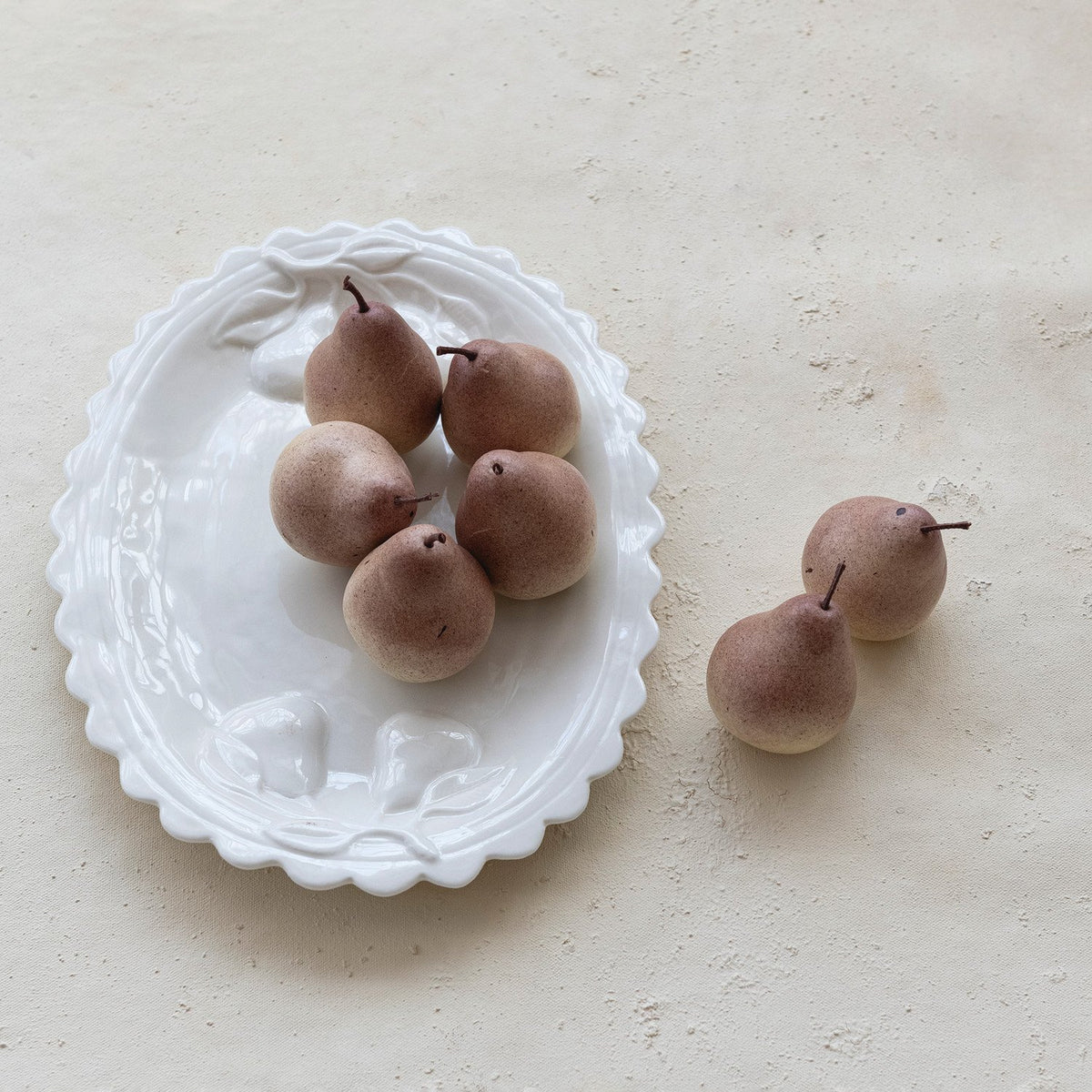 Stoneware Scalloped Platter with Embossed Pears, White
