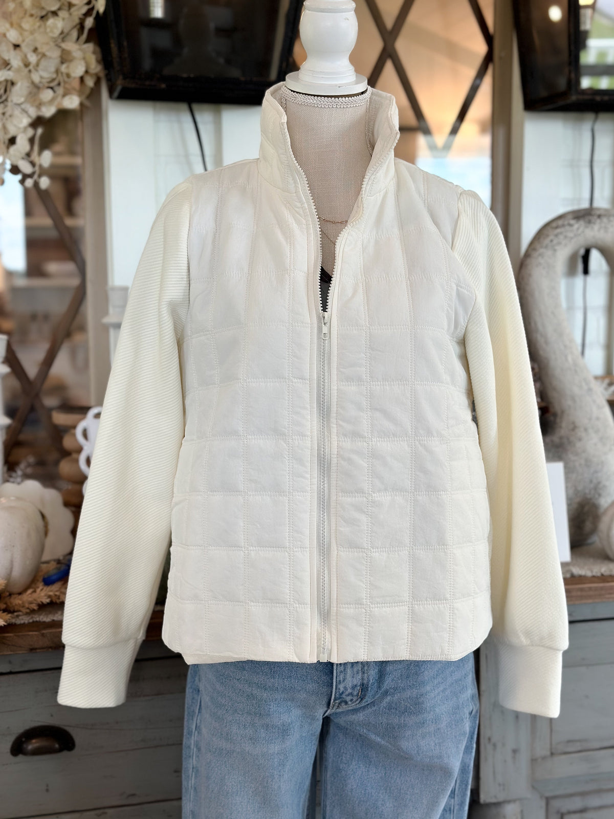 Mixed Textured Zipper Jacket-Ivory