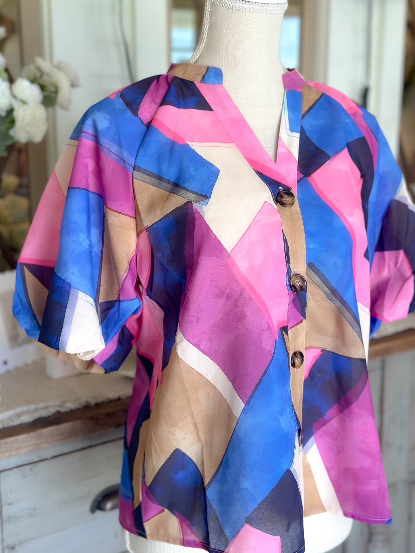 Puff Sleeve Button Up Abstract Print Top