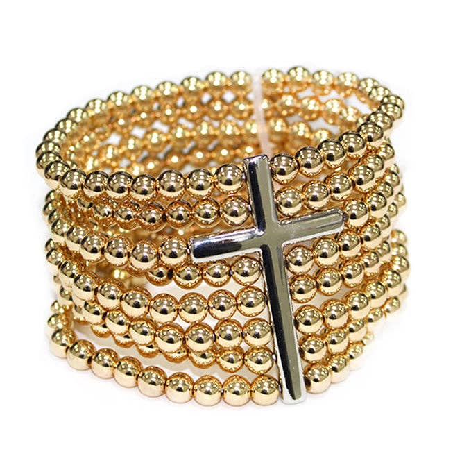 Gold Beaded with Cross Stretch Bracelet Set