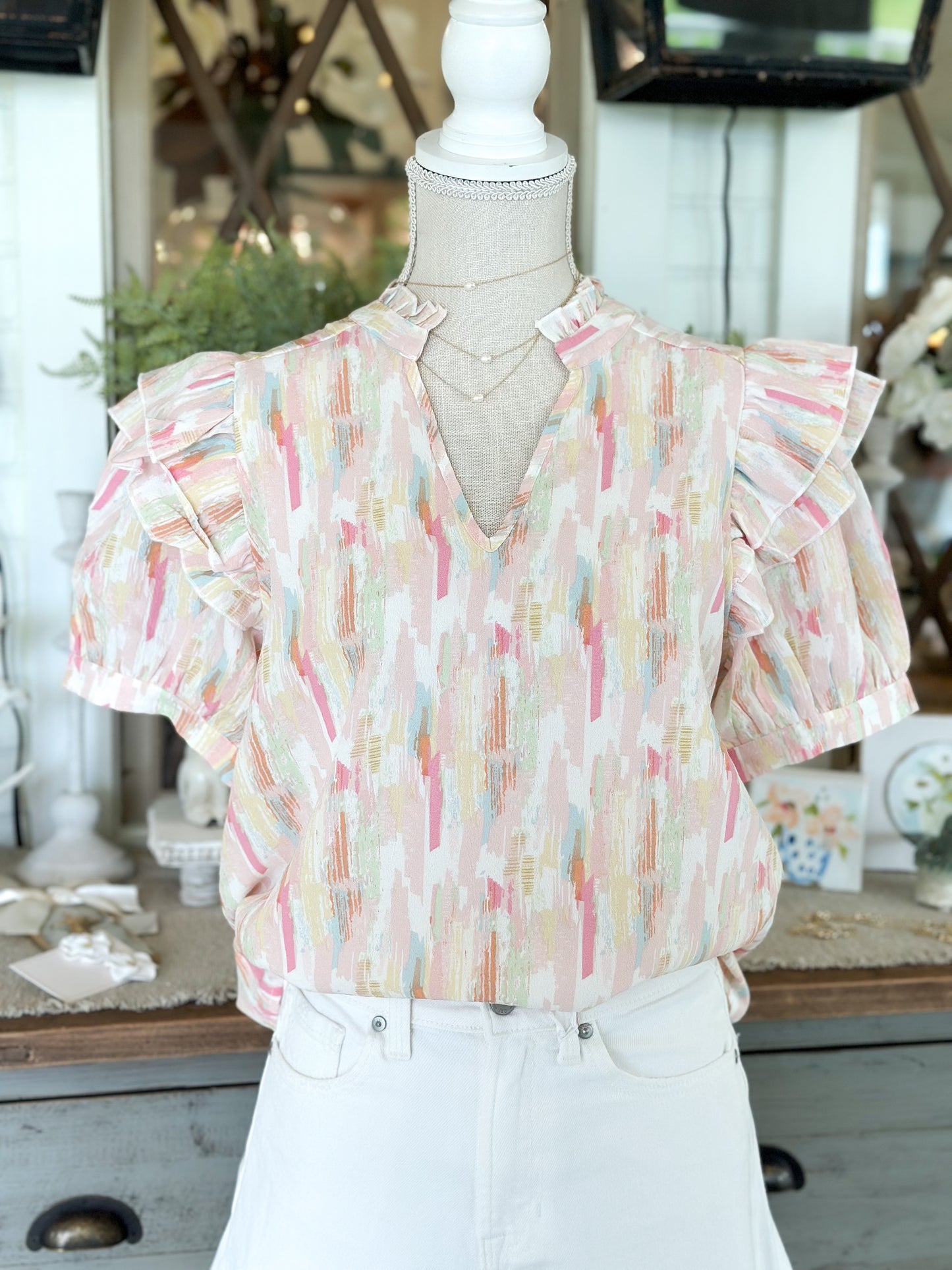 Blush Mix Print Short Peasant Sleeves Top