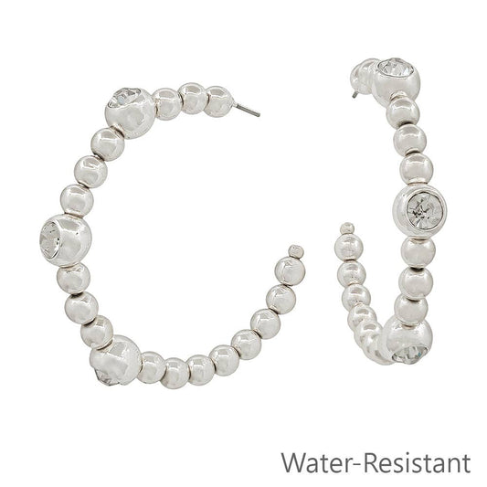 Water Resistant Silver Beaded Hoop with Crystal Accents 2" Earring