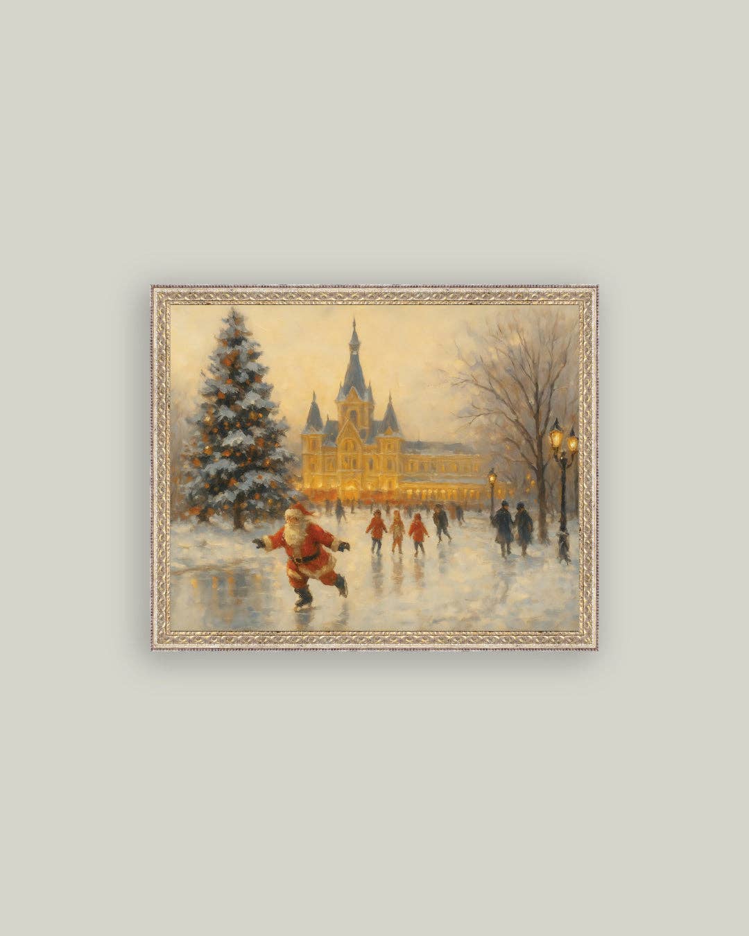 Skating Santa Framed Antique Art | 7x5