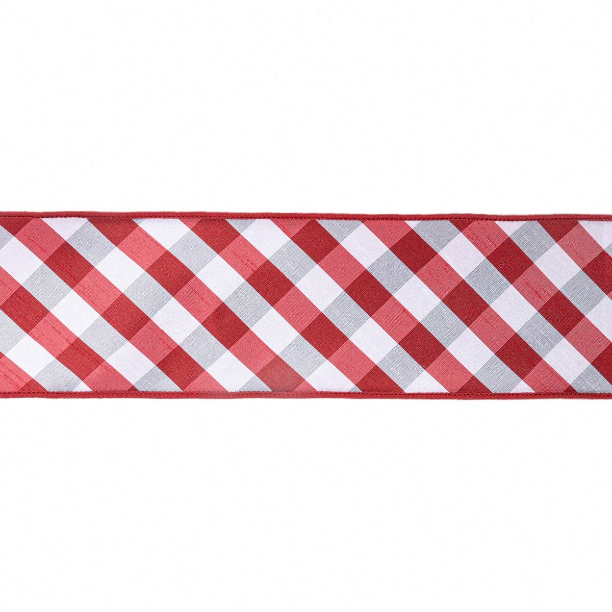 4" Red/White Bias Check Wired Ribbon with Dupioni Backing 10yd