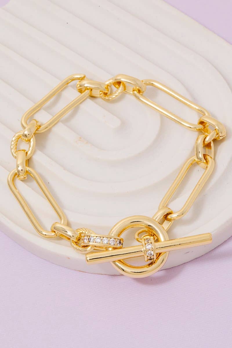 Gold Dipped Oval Chain Cz Pave Toggle Chain Bracelet: GOLD