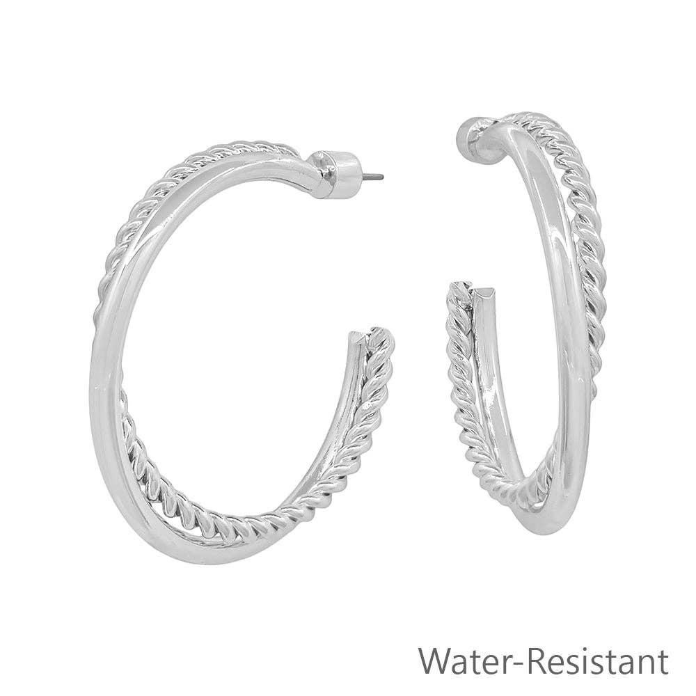 Water Resistant 2" Braided Silver Hoop Twist Earring