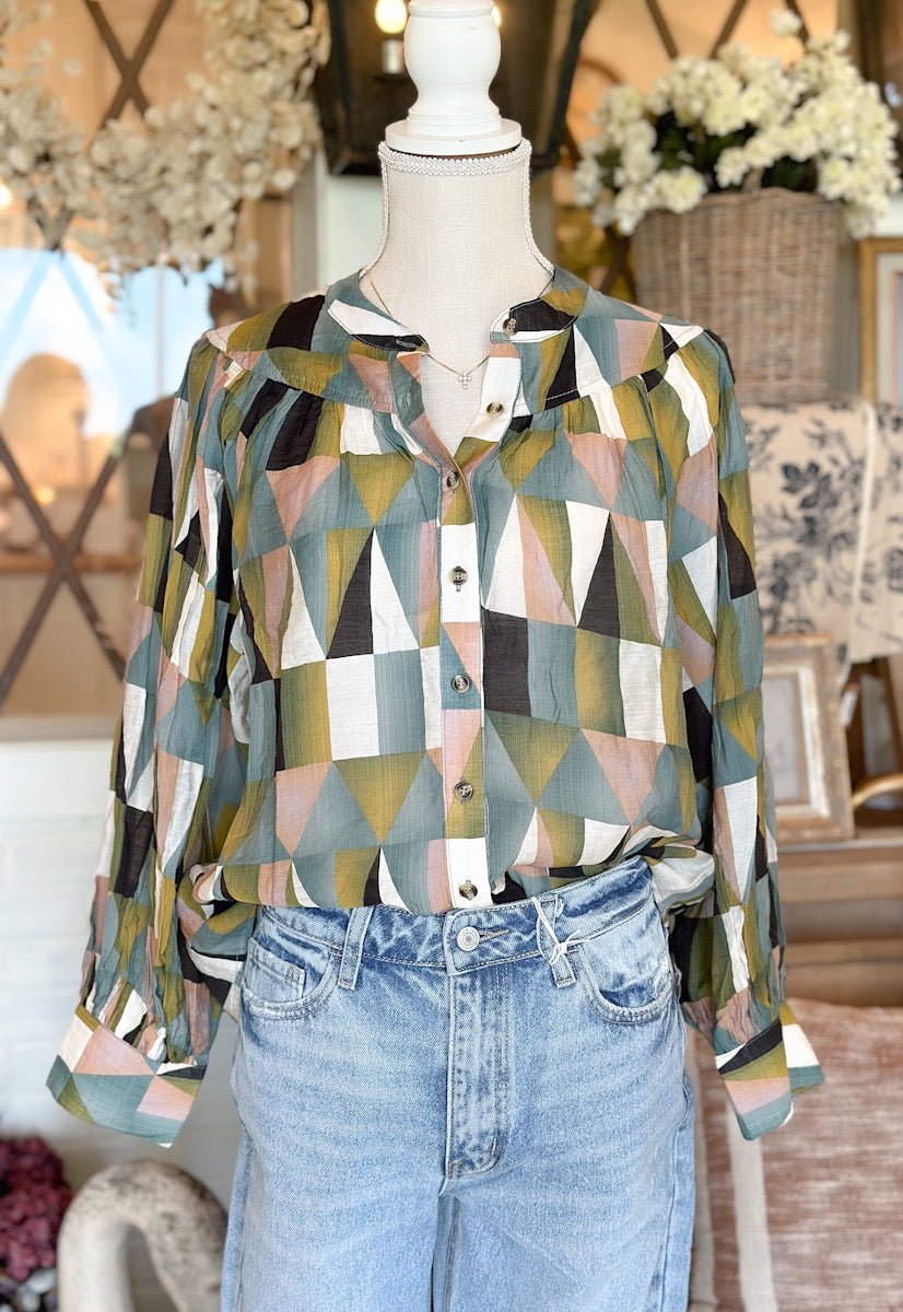 Geometric Print Long Sleeve Top