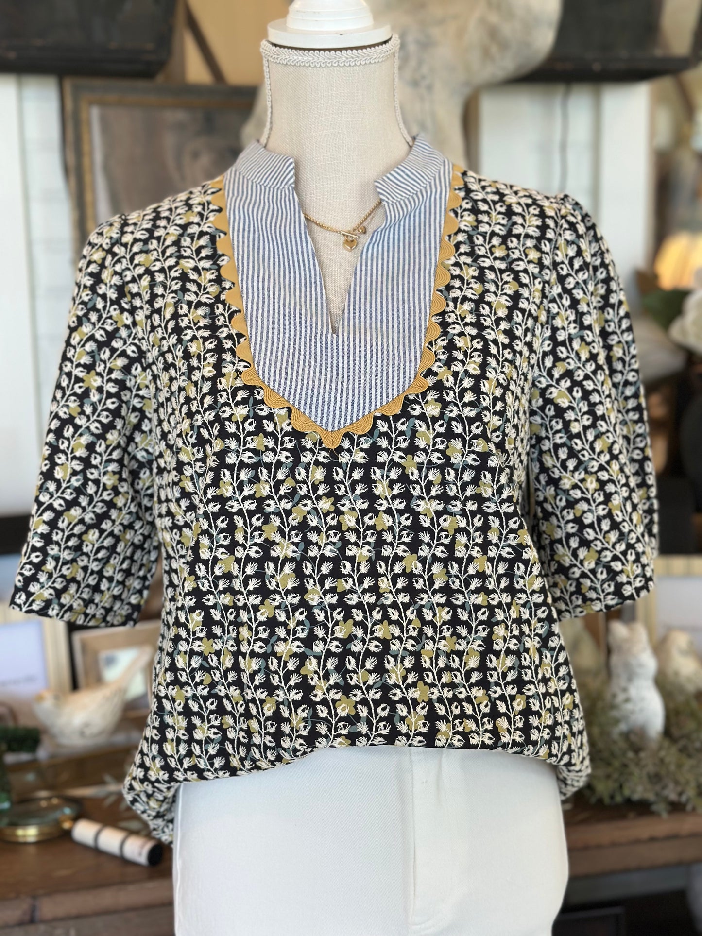 Floral Embroidered Striped Collar Block Top