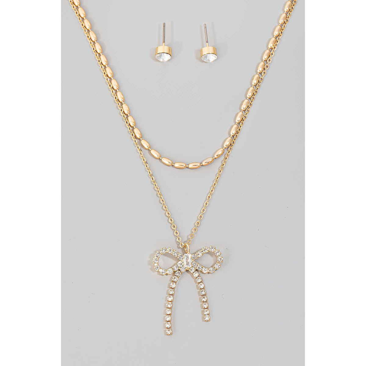 Pave Ribbon Bow Pendant Layered Necklace Set