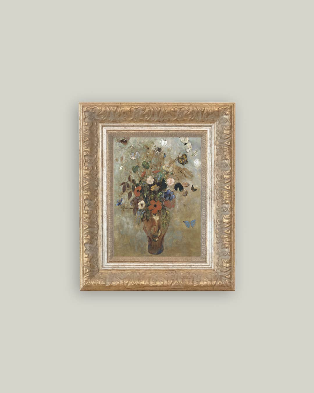 Flower Butterfly Vase Framed Antique Art: Mini