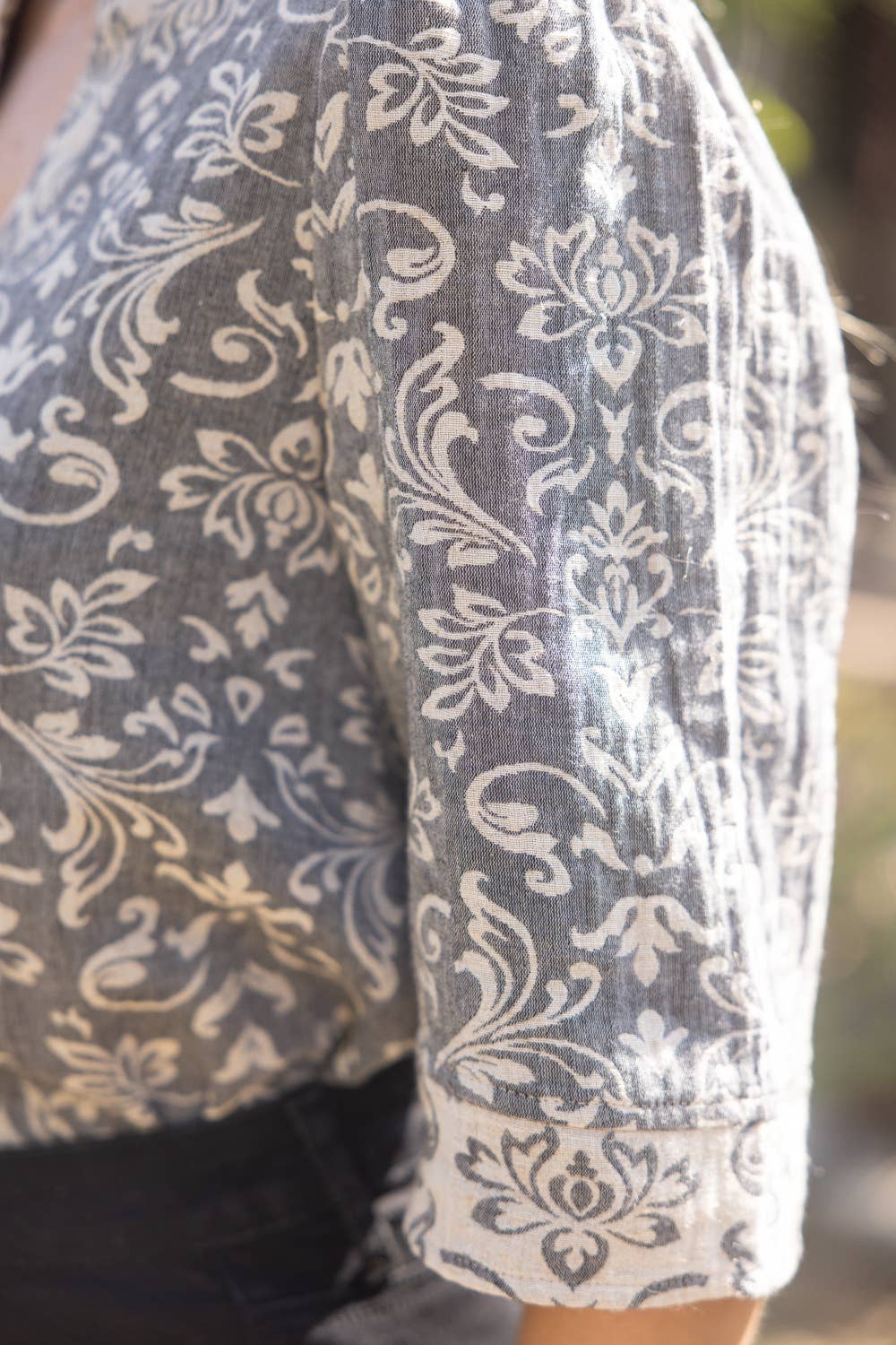 Jacquard Color Block V Neckline Top : Grey