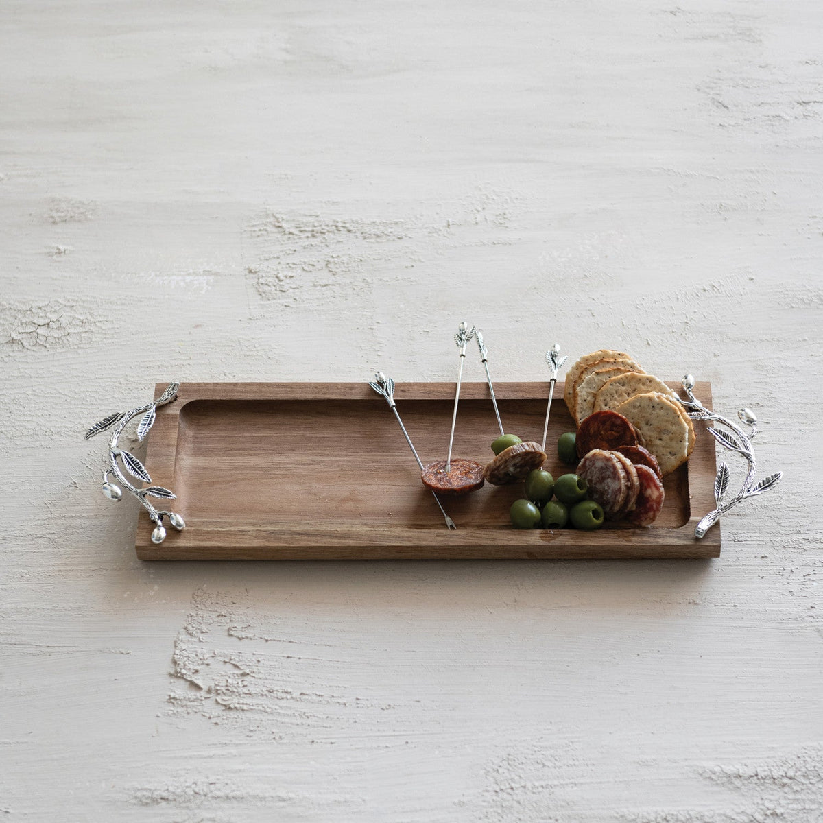 Wood Tray with 4 Appetizer Picks, Boxed Set of 5