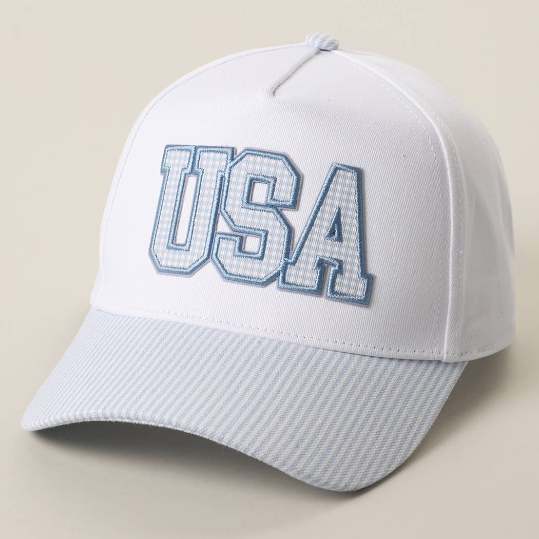 USA Gingham Embroidered Patch Stripe Brim Trucker Hat: BLUE, One Size
