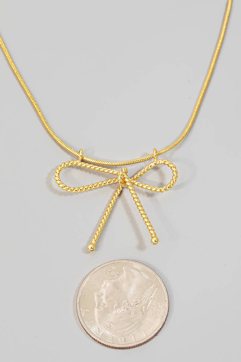 Twisted Metallic Ribbon Bow Pendant Necklace: G