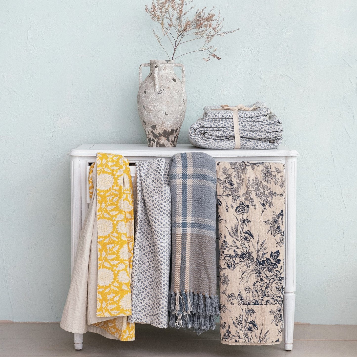 Cotton Chambray Printed Throw w/ Toile Pattern & Kantha Stitch