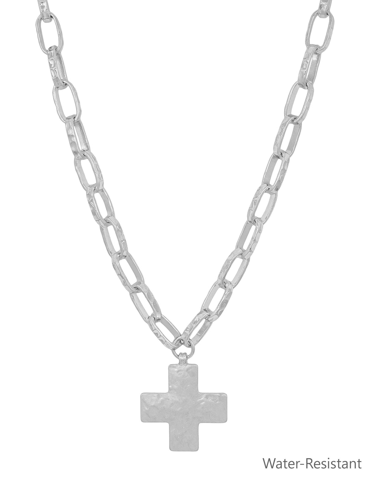 Water Resistant Silver Open Chain with Hammered Cross 16"-18" Necklace