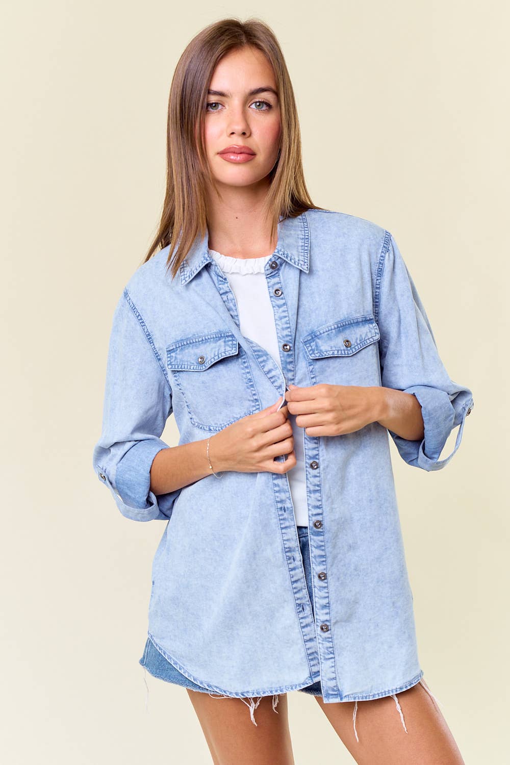 Chambray Button Down Shirt With Roll up Sleeve - 41778T: Lt.Denim, L