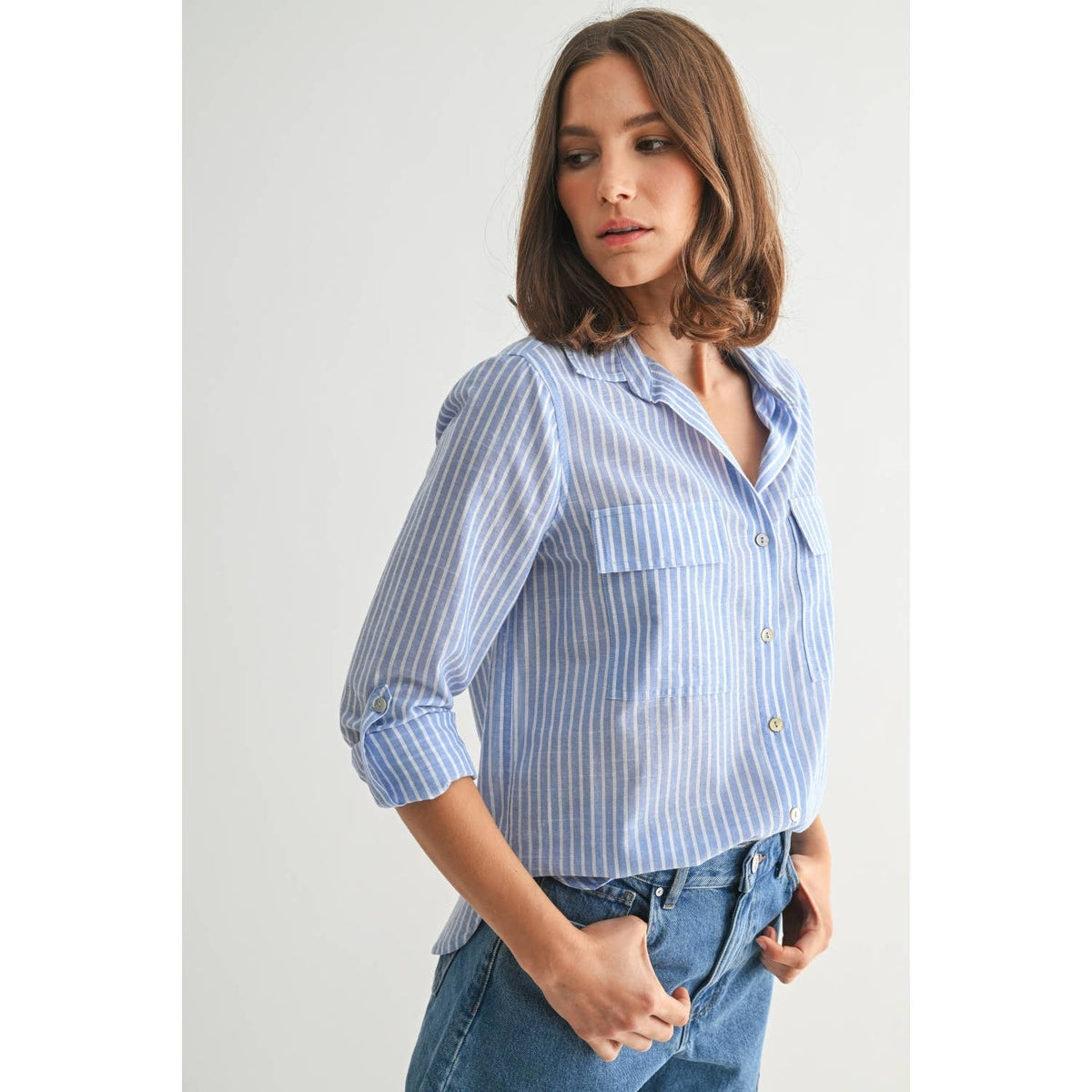 STRIPE 2POCKET SHIRTS: Navy, S-M-L(2-2-2)