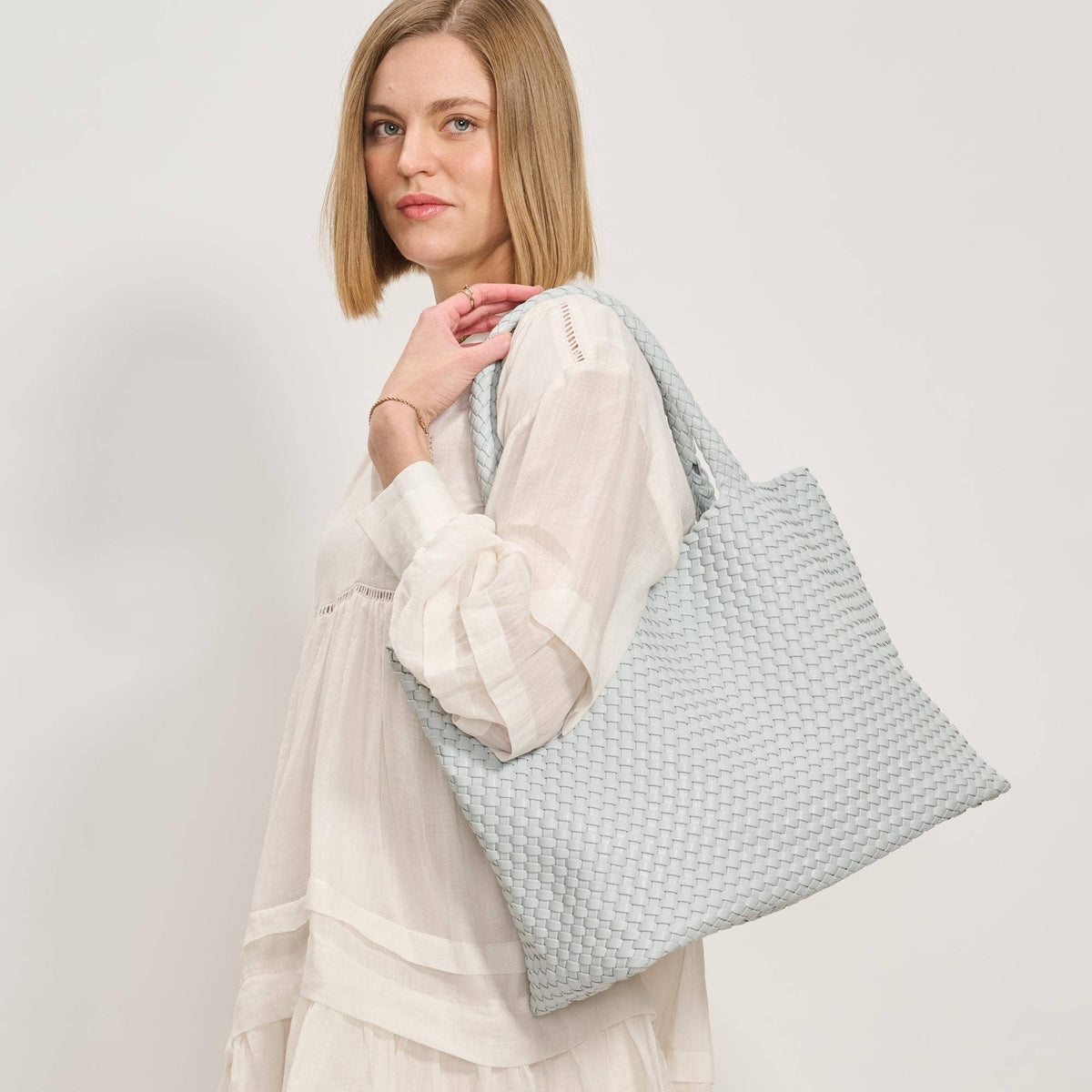 Solana Woven Vegan Leather Tote: Ice Blue