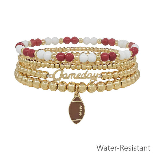 Water Resistant Maroon and White with Gold Gameday and Football Charm Stretch Bracelet Set