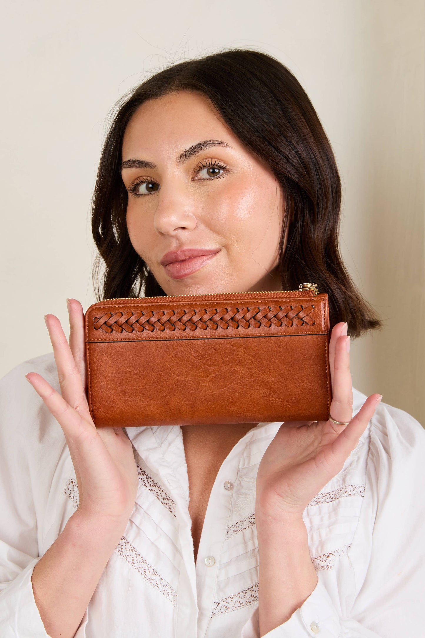 Gia Braided Detail Zip-Top Wallet: Brown