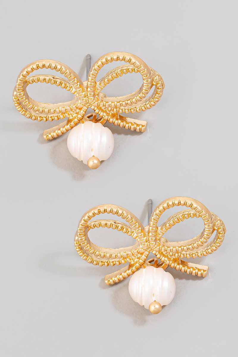 Pearl Charm Ribbon Bow Stud Earrings: WGCRM