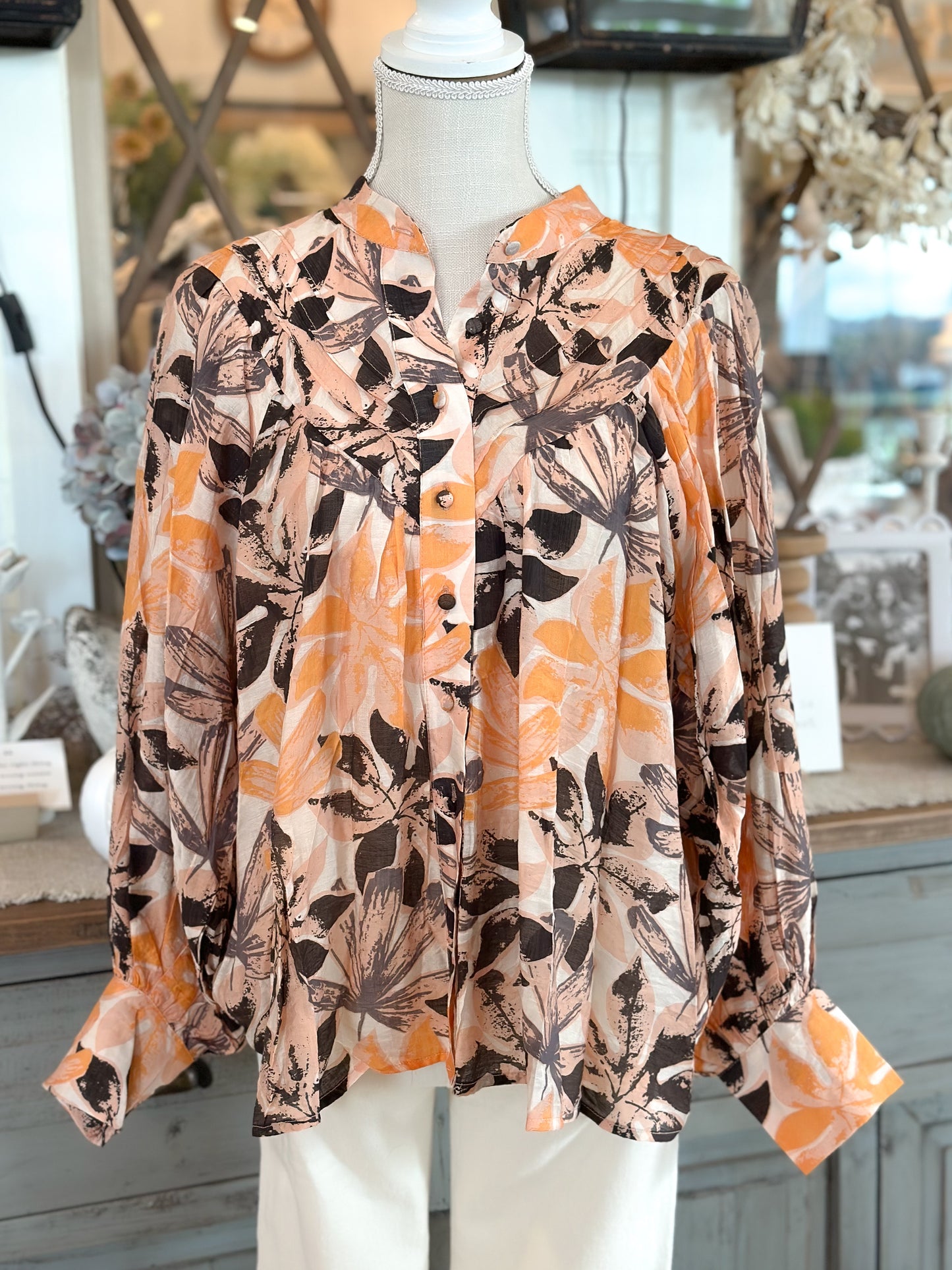 Printed Bubble Sleeve Blouse