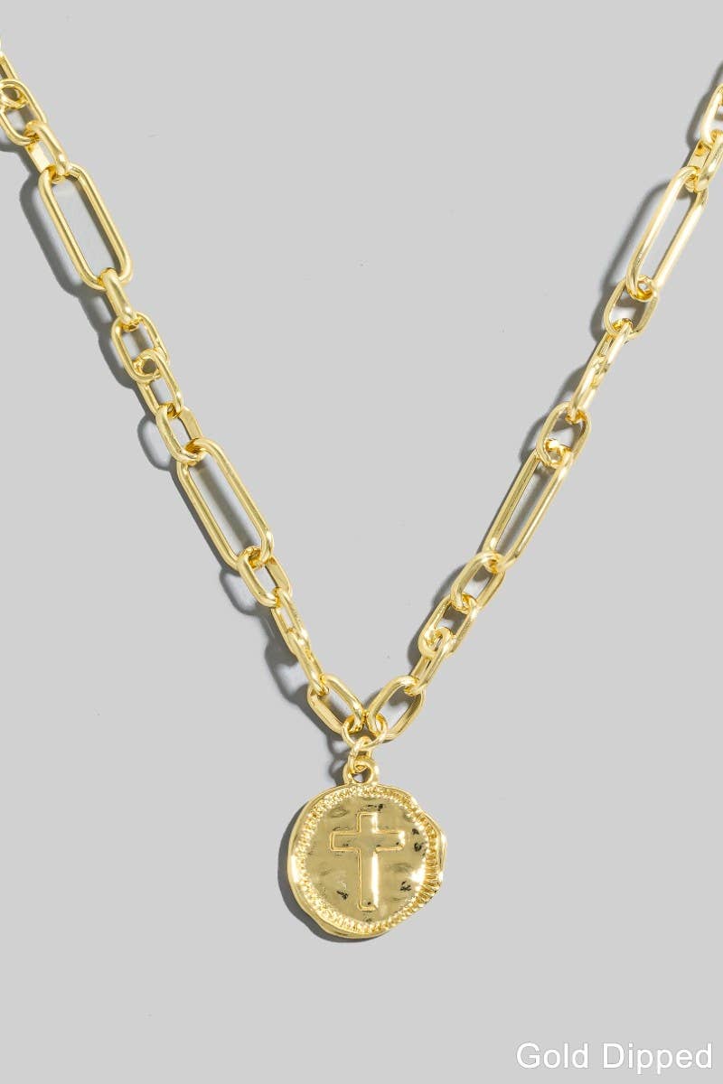 Gold Dipped Cross Coin Pendant Chain Necklace: GOLD