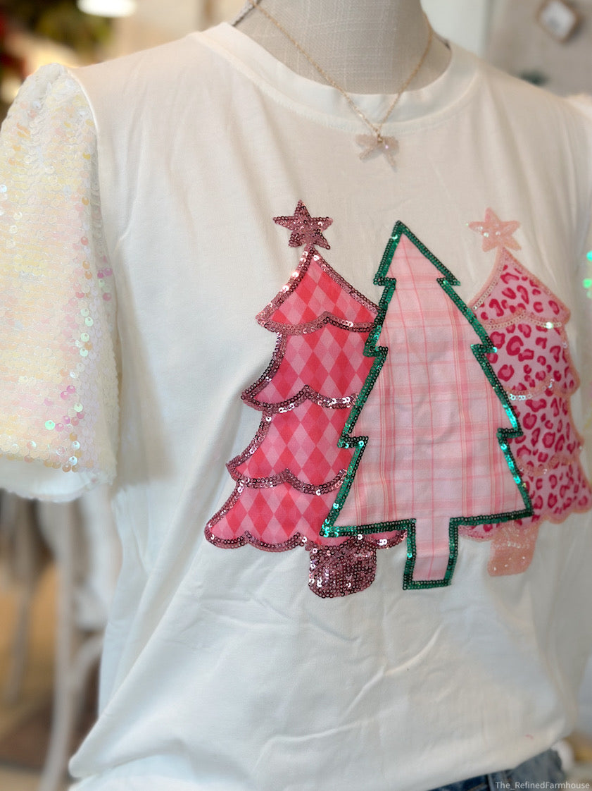 Festive Forest on White Sequin Sleeve Top