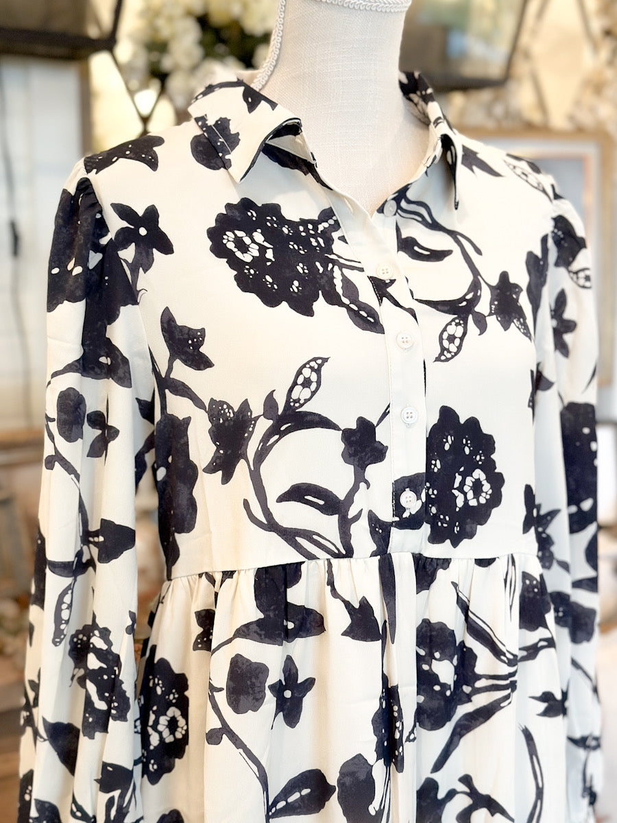 Flower Print Midi Dress with Pockets Black/Ivory