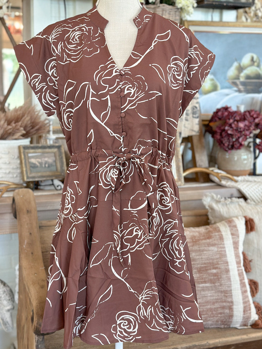 Brown Floral Print Cap Sleeve V Neck Dress